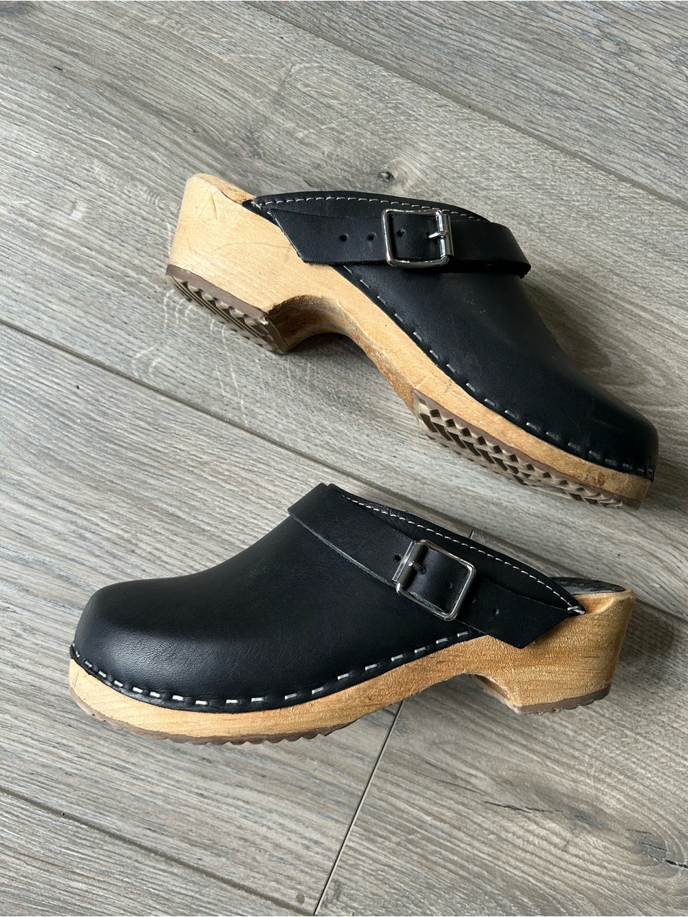 MIA Made in Sweden Black Leather Wooden Heel Clog Mules Size 36
